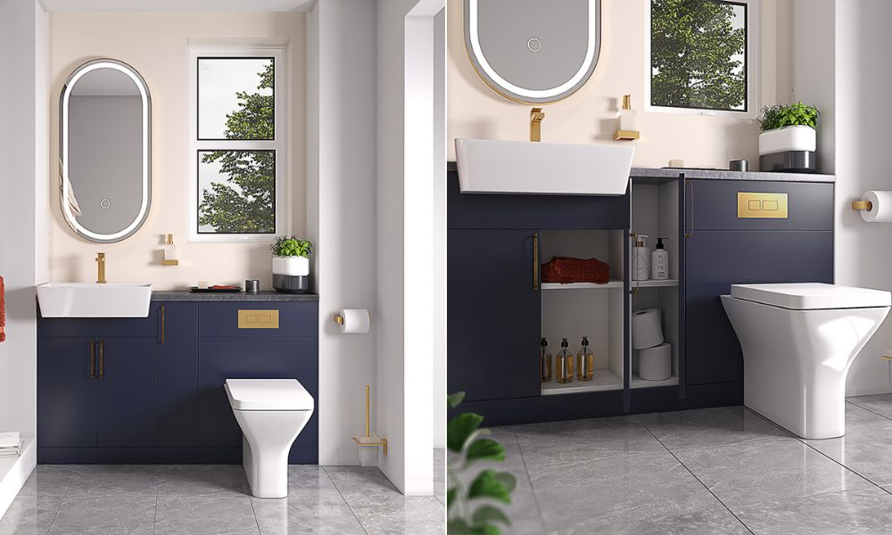 Oliver Navy Blue Fitted Furniture: Combination Vanity Unit with Gold Handles, Toilet & Storage