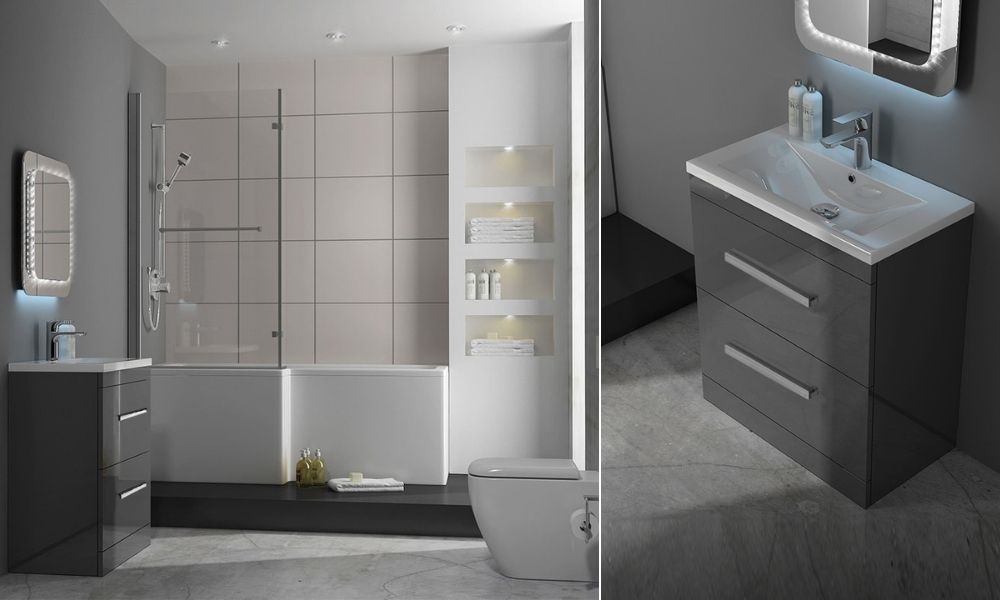 Patello 60mm Basin Grey Cabinet L Shaped Shower Bath Suite