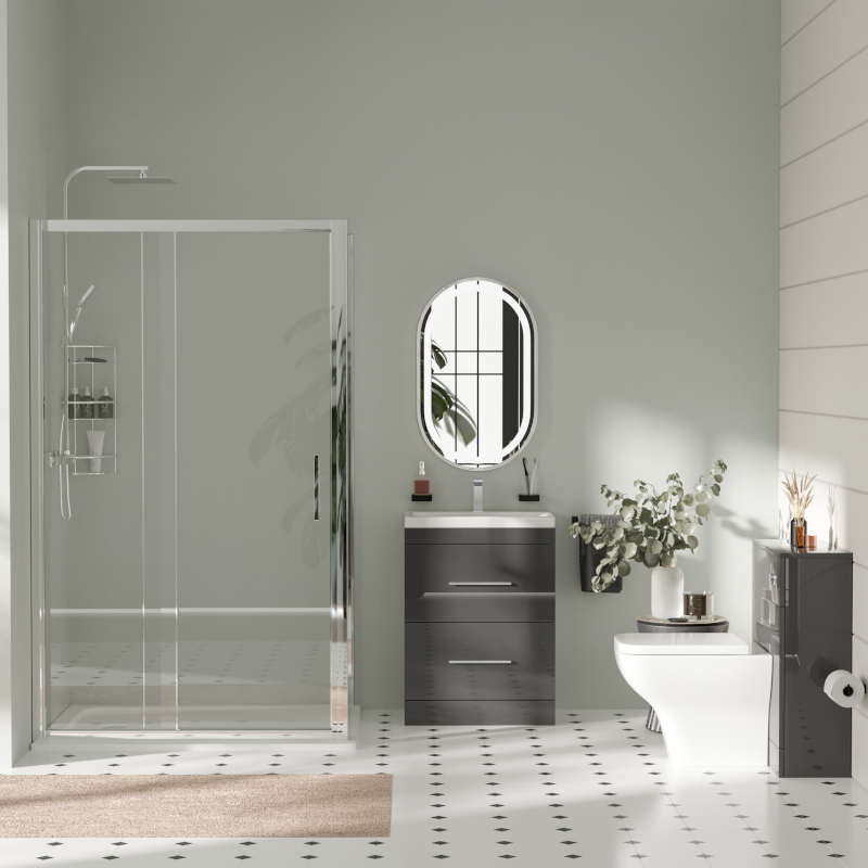 Room Scene with Grey Patello Vanity Unit, Back to Wall Toilet Unit and Shower Cubicle