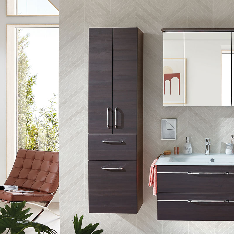 Tall bathroom cabinet with store laundry basket