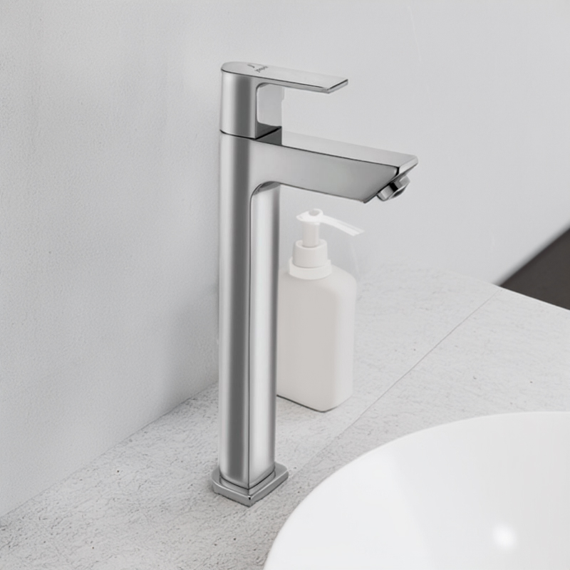 Aria Single Lever High Neck Basin Mixer (150mm Extension Body) Without Popup Waste, with 600mm Long Braided Hoses, HP 1.0