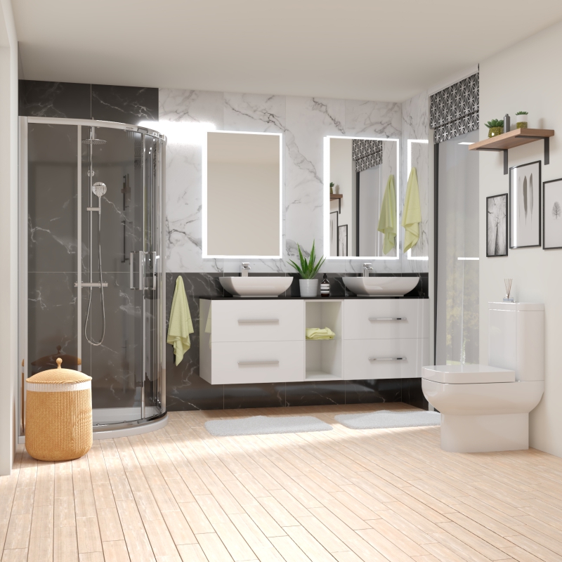White bathroom shower suite with vanity unit and toilet