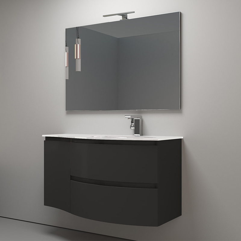 Angled Lifestyle Image of Graphite Curved Baden Haus Vanity Unit with Mirror