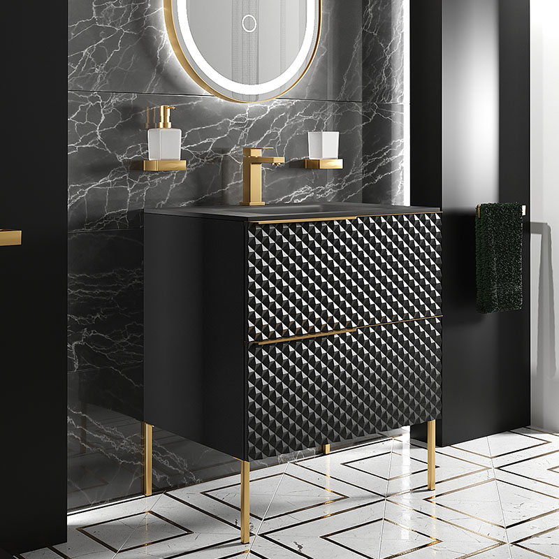 Elvia 600mm Black Vanity Unit with Black Basin, Gold Handles & Legs