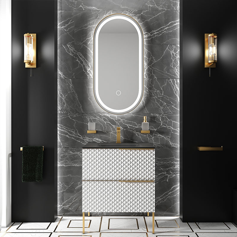 Elvia 600mm White Vanity Unit with Black Basin, Gold Handles & Legs
