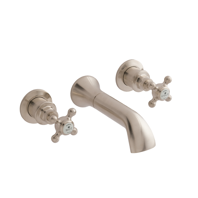 BC Designs victrion brushed nickel crosshead three hole wall bath filler tap with spout