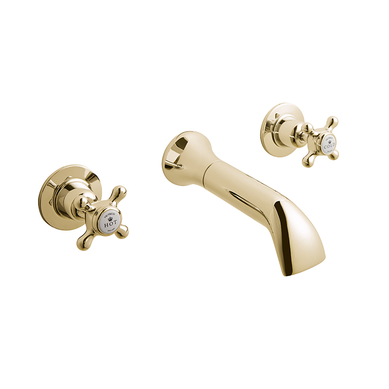 BC Designs victrion gold crosshead three hole wall bath filler tap with spout