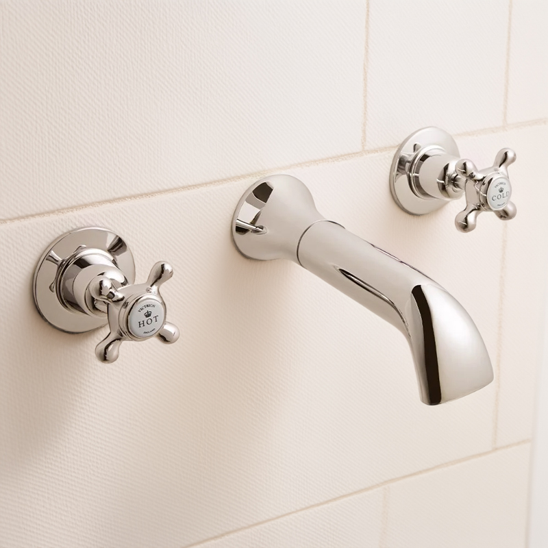 bayswater victrion nickel crosshead three hole wall basin filler tap with spout
