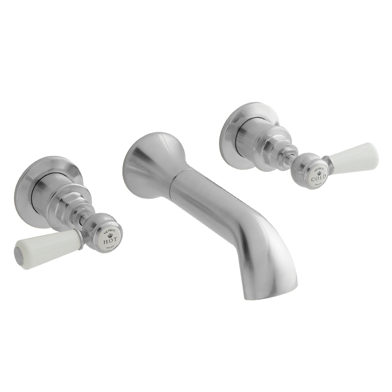BC Designs victrion brushed chrome lever three hole wall bath filler tap with spout
