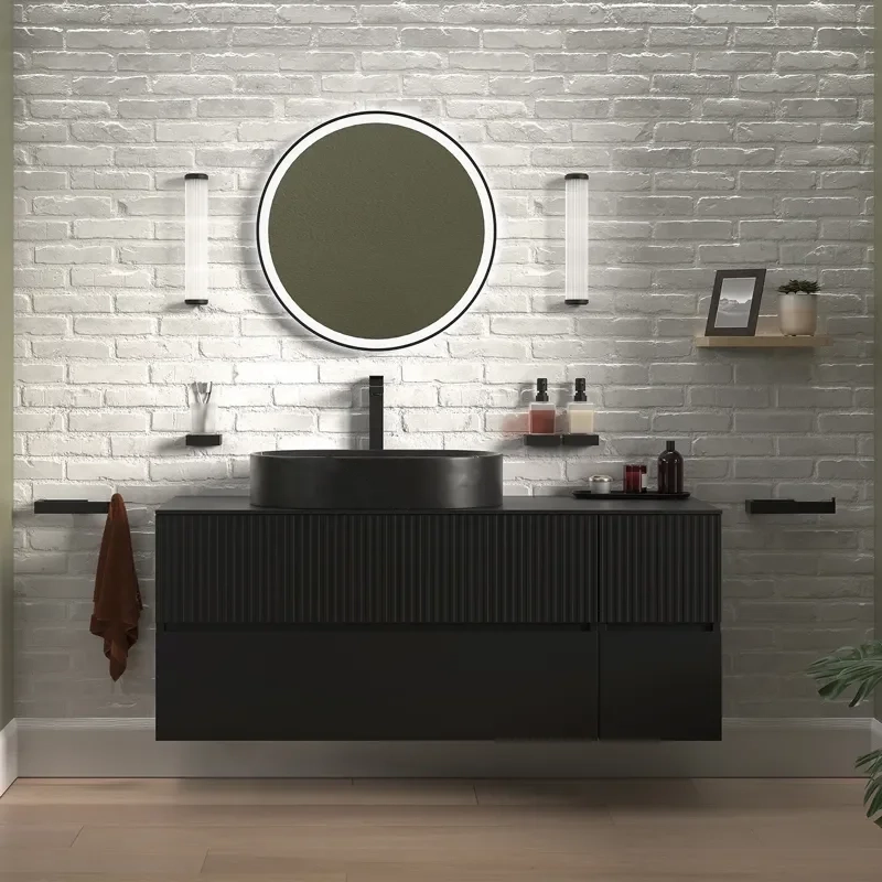 Product Image for 1300mm Black Wall Hung Vanity with Black Marble Basin & Side Unit 