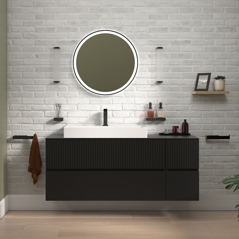 jasmine 1300 fluted black wall vanity with white basin 1 side unit