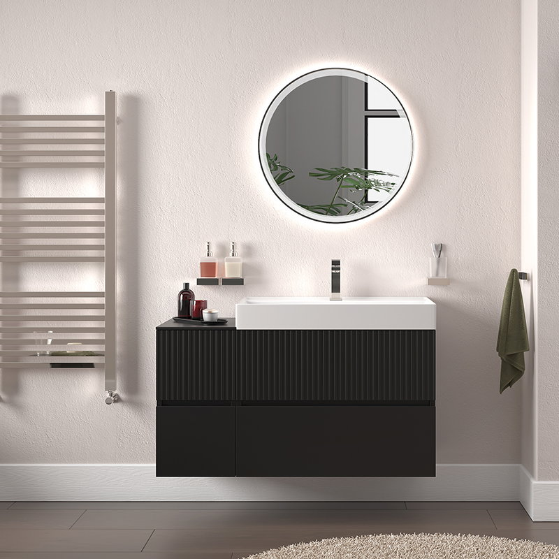 jasmine 1000 fluted black wall vanity with white sink 1 side unit