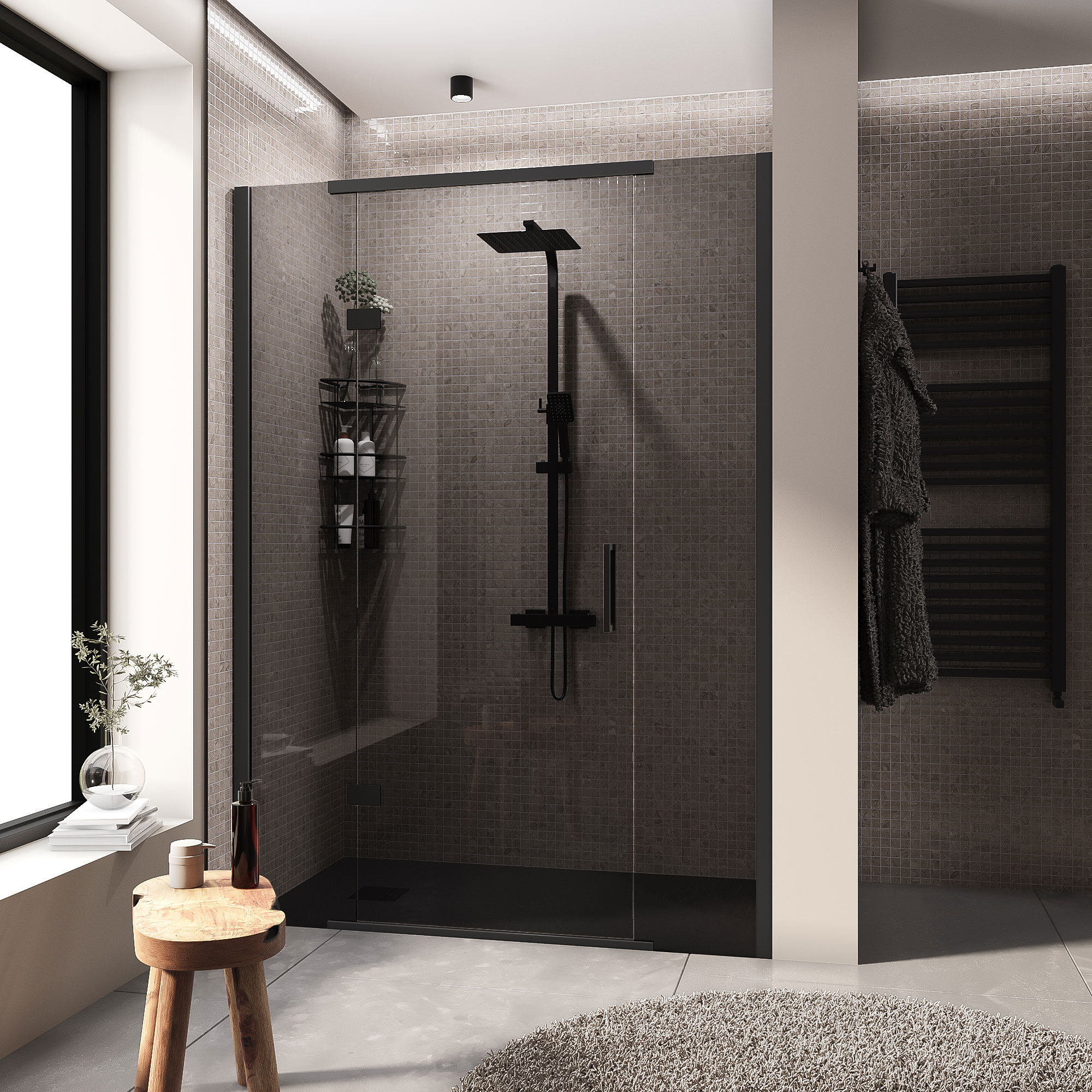 havana black 1400 inline hinged recess shower door smoked glass