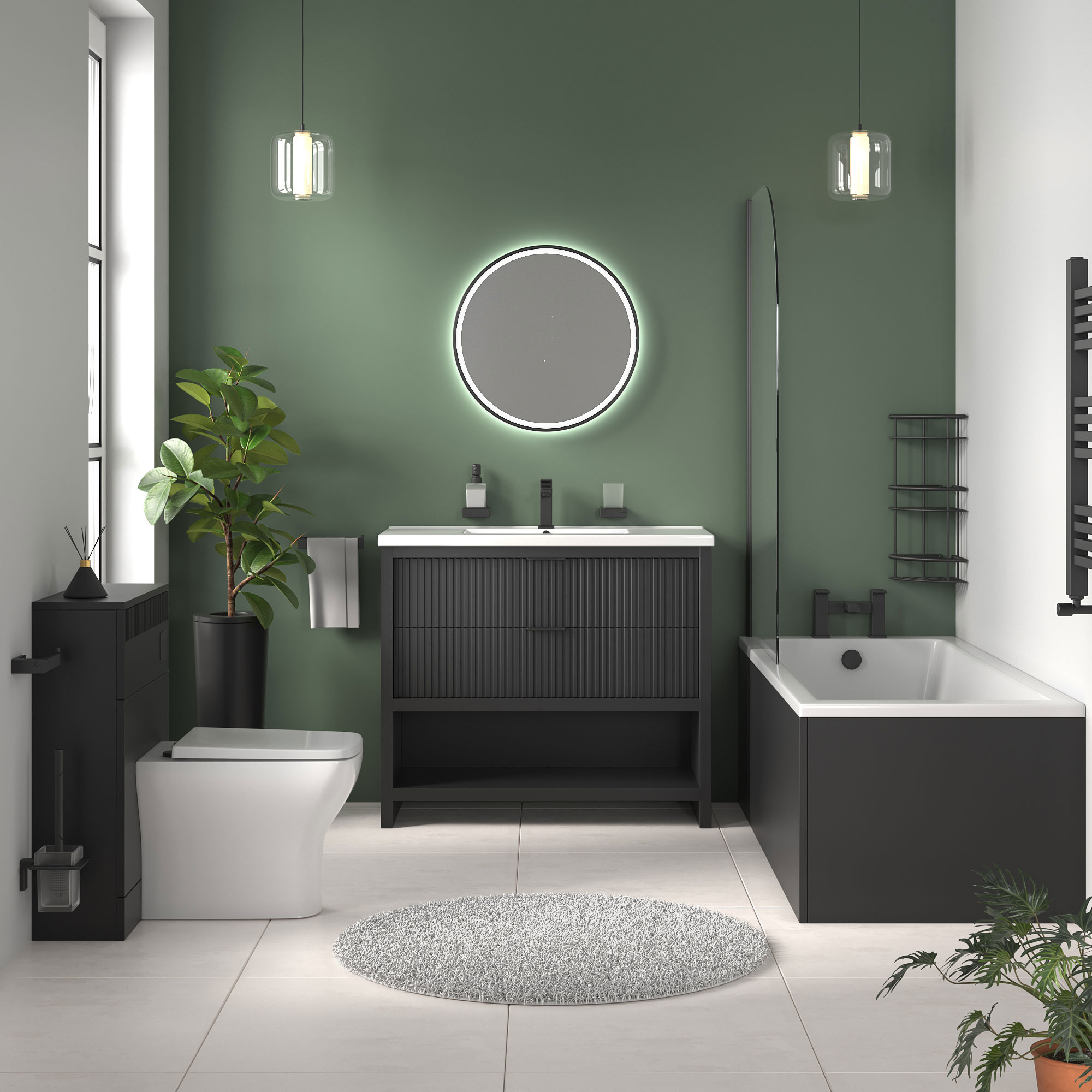 jasmine black 1000mm vanity unit with black handles, btw toilet unit and 1700 & 1800mm bath