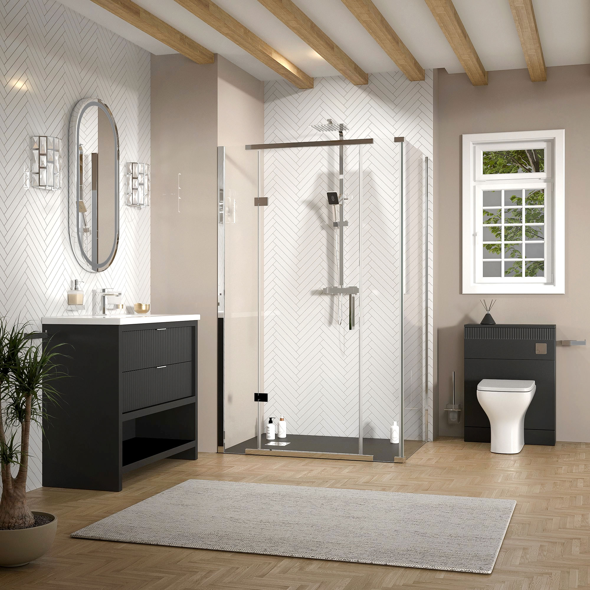 jasmine corner shower suite with black 1000mm vanity unit wc toilet unit chrome