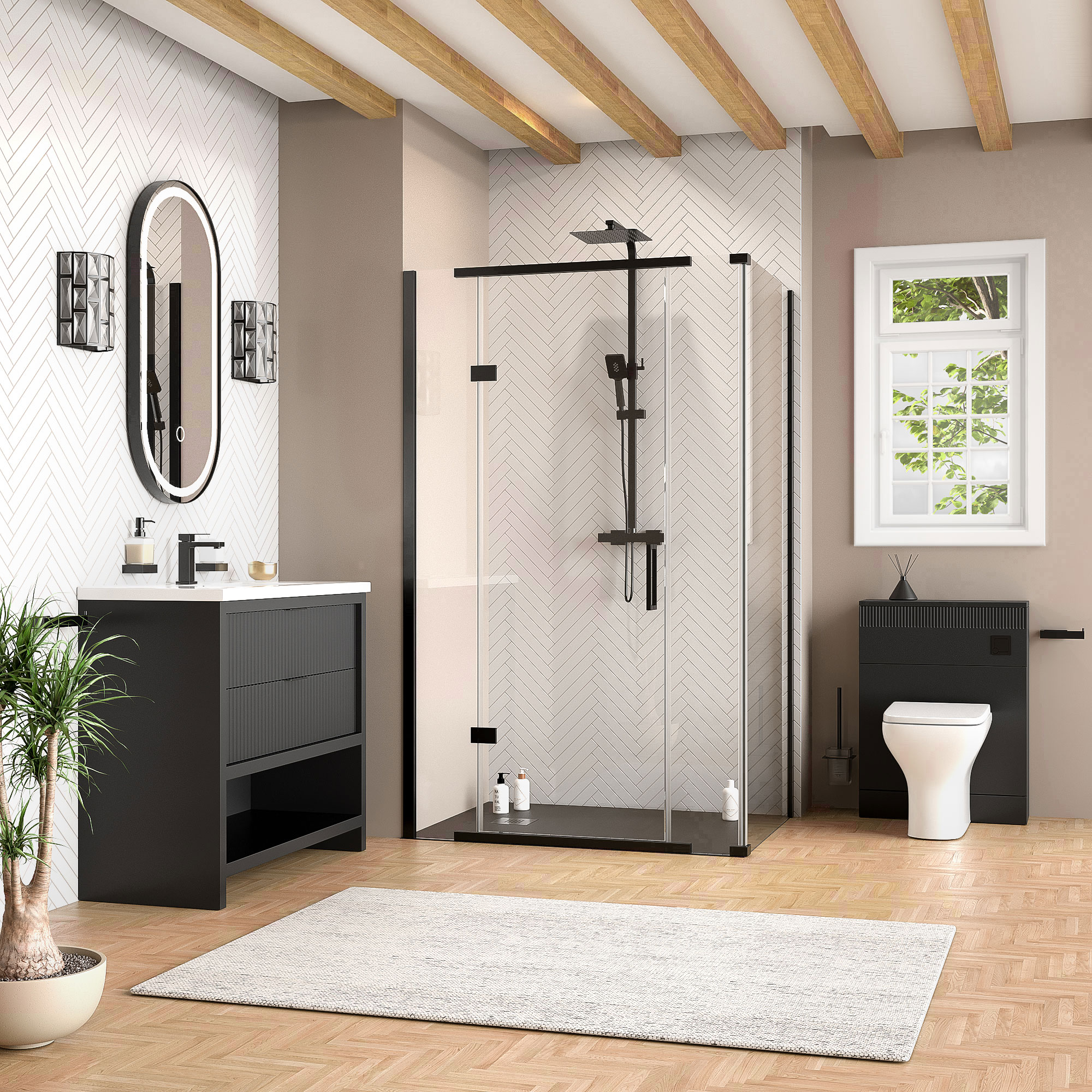 jasmine corner shower suite with black 1000mm vanity unit wc toilet unit black