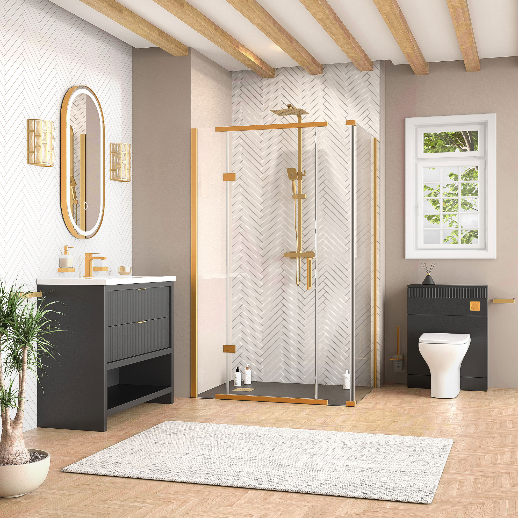 jasmine corner shower suite with black 1000mm vanity unit wc toilet unit gold