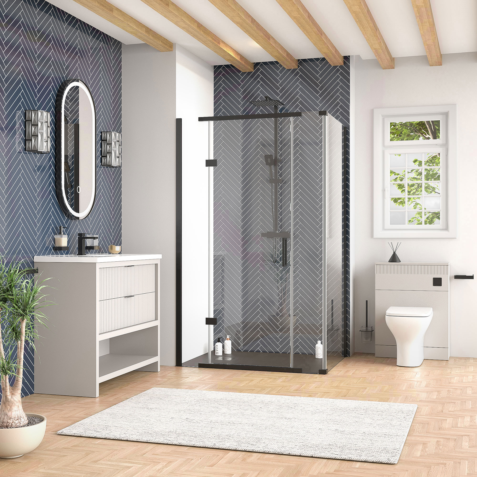 jasmine corner shower suite with cashmere 1000mm vanity unit wc toilet unit black