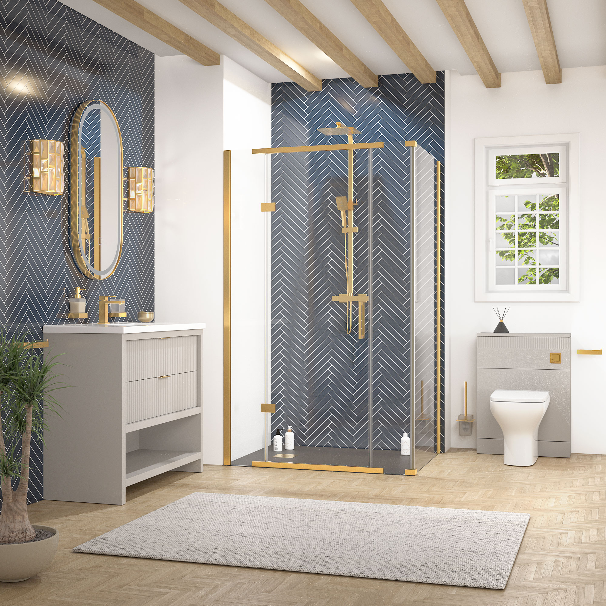 jasmine corner shower suite with cashmere 1000mm vanity unit wc toilet unit gold