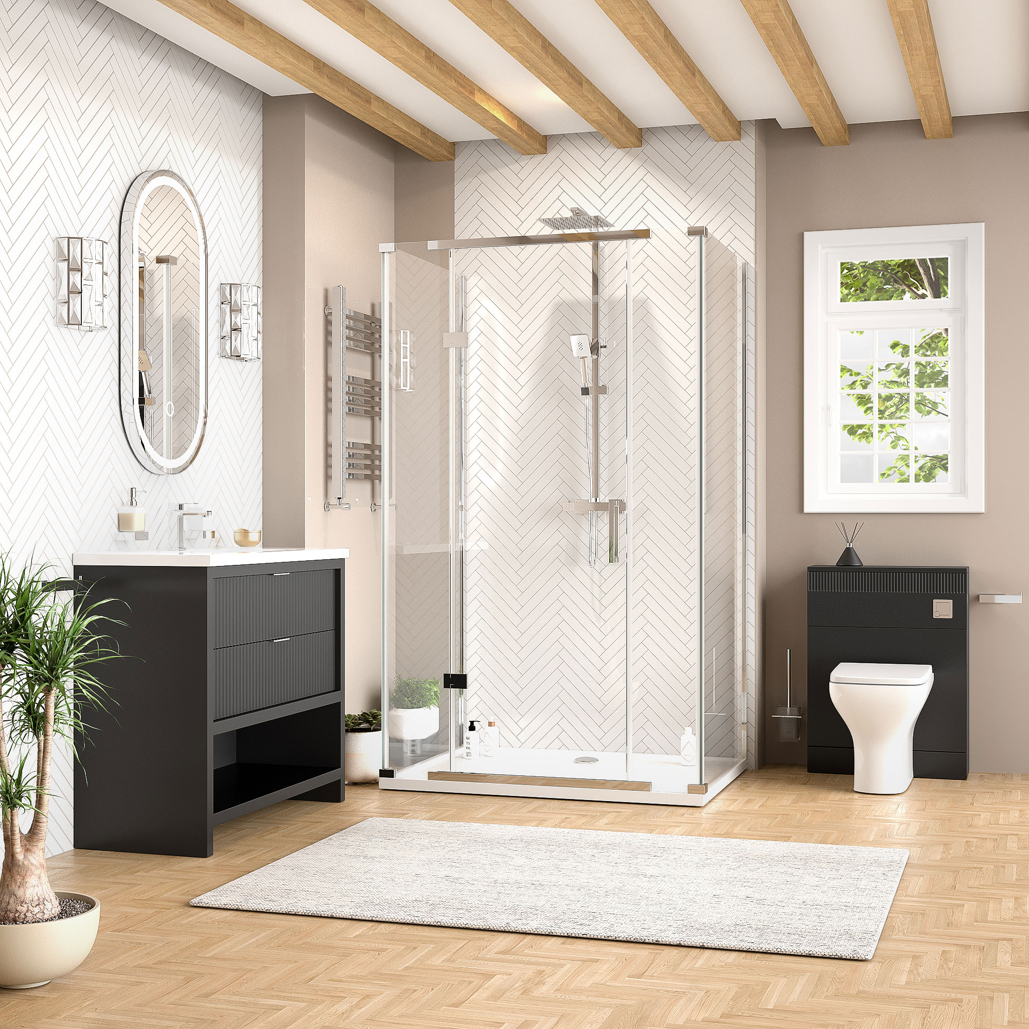 jasmine 3 sided shower suite with black 1000mm vanity unit wc toilet unit chrome