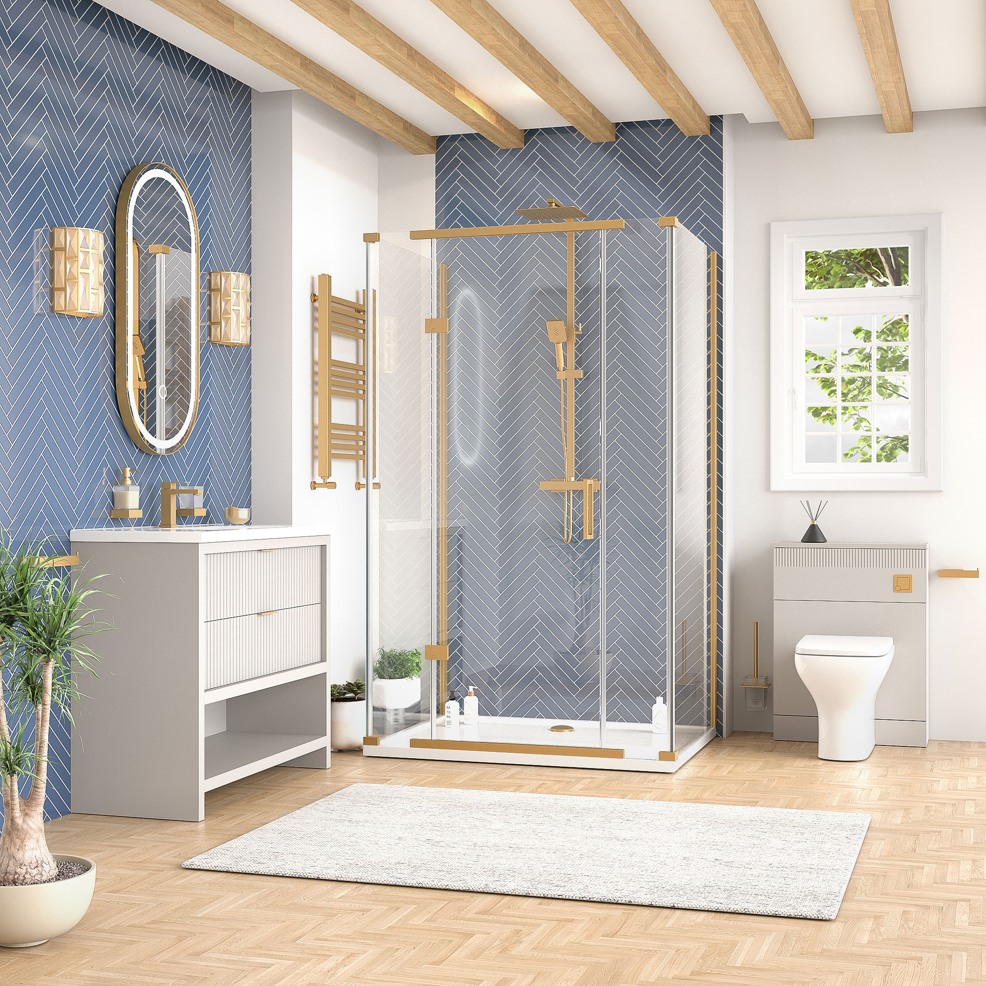 jasmine 3 sided shower suite with cashmere 1000mm vanity unit wc toilet unit gold