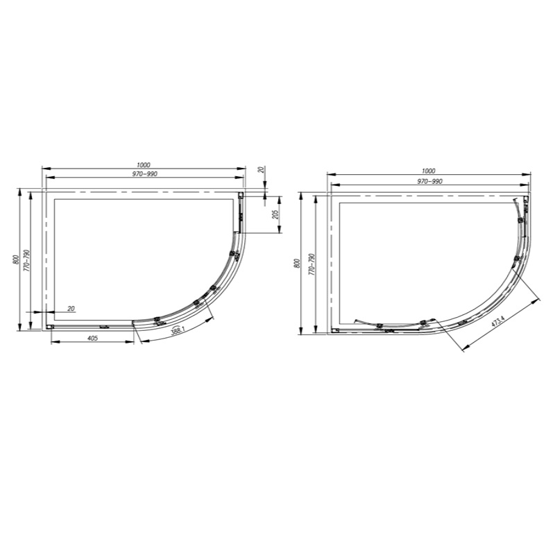 Line drawing of radiant standard height 1000 x 800 offset quadrant shower enclosure chrome Line drawing of radiant standard height 1000 x 800 offset quadrant shower enclosure chrome