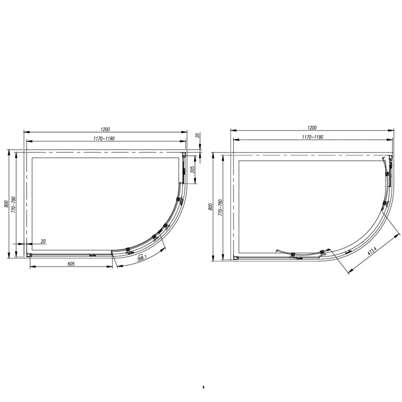 Line drawing of radiant standard height 1200 x 800 offset quadrant shower enclosure brushed brass Line drawing of radiant standard height 1200 x 800 offset quadrant shower enclosure brushed brass
