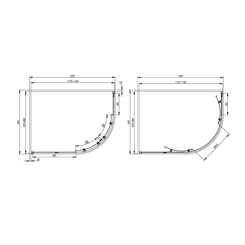 Line drawing of radiant standard height 1200 x 900 offset quadrant shower enclosure brushed brass Line drawing of radiant standard height 1200 x 900 offset quadrant shower enclosure brushed brass