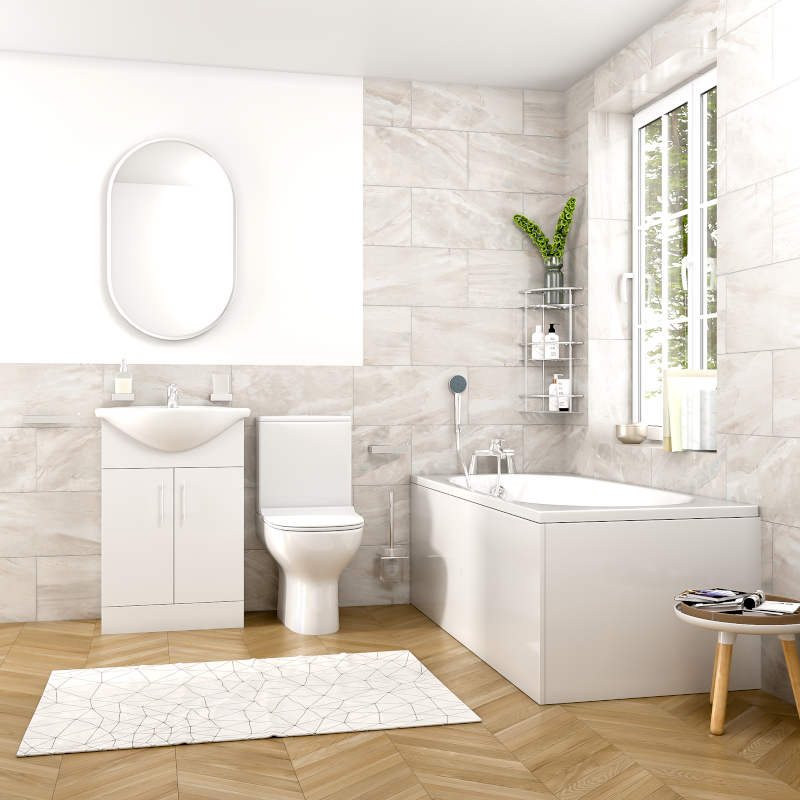 Room Scene with Small Bath, White Vanity Unit and Close Coupled Toilet