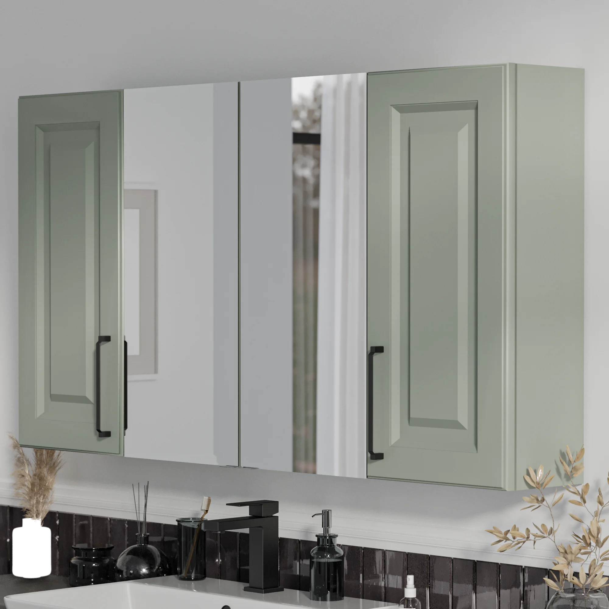 Product image for Oliver Sage Green 1200mm Mirror Cabinet With Double Wall Storage