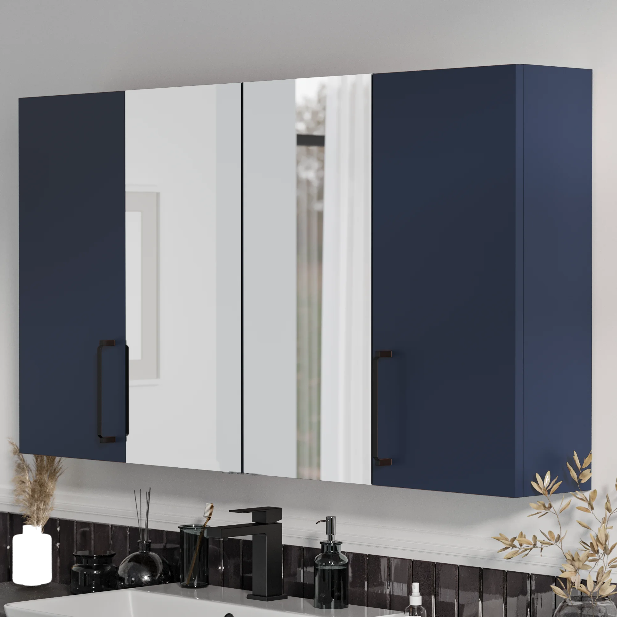 Product image for Oliver Navy Blue 1200mm Mirror Cabinet With Double Wall Storage