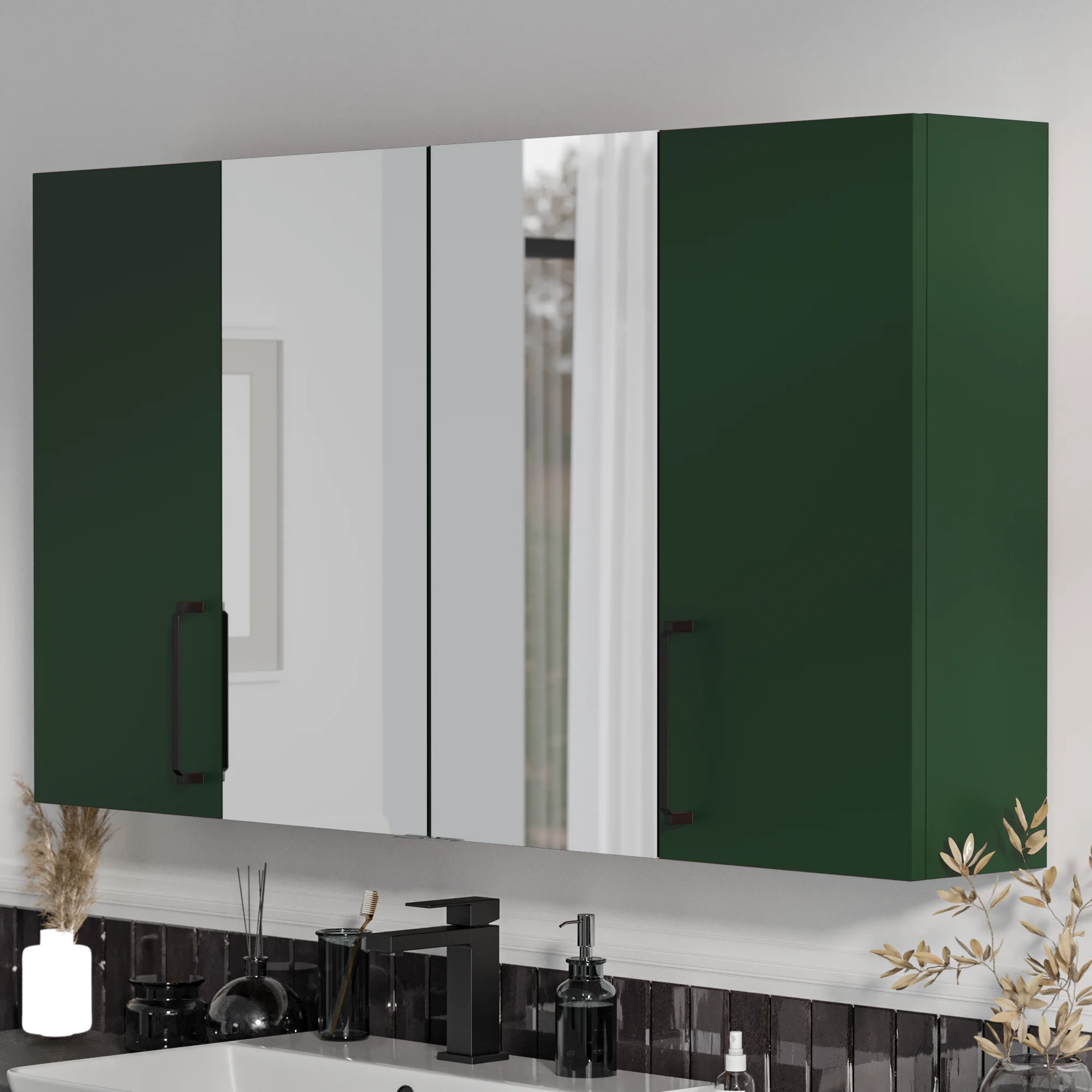 Product image for Oliver Matt Green 1200mm Mirror Cabinet With Double Wall Storage
