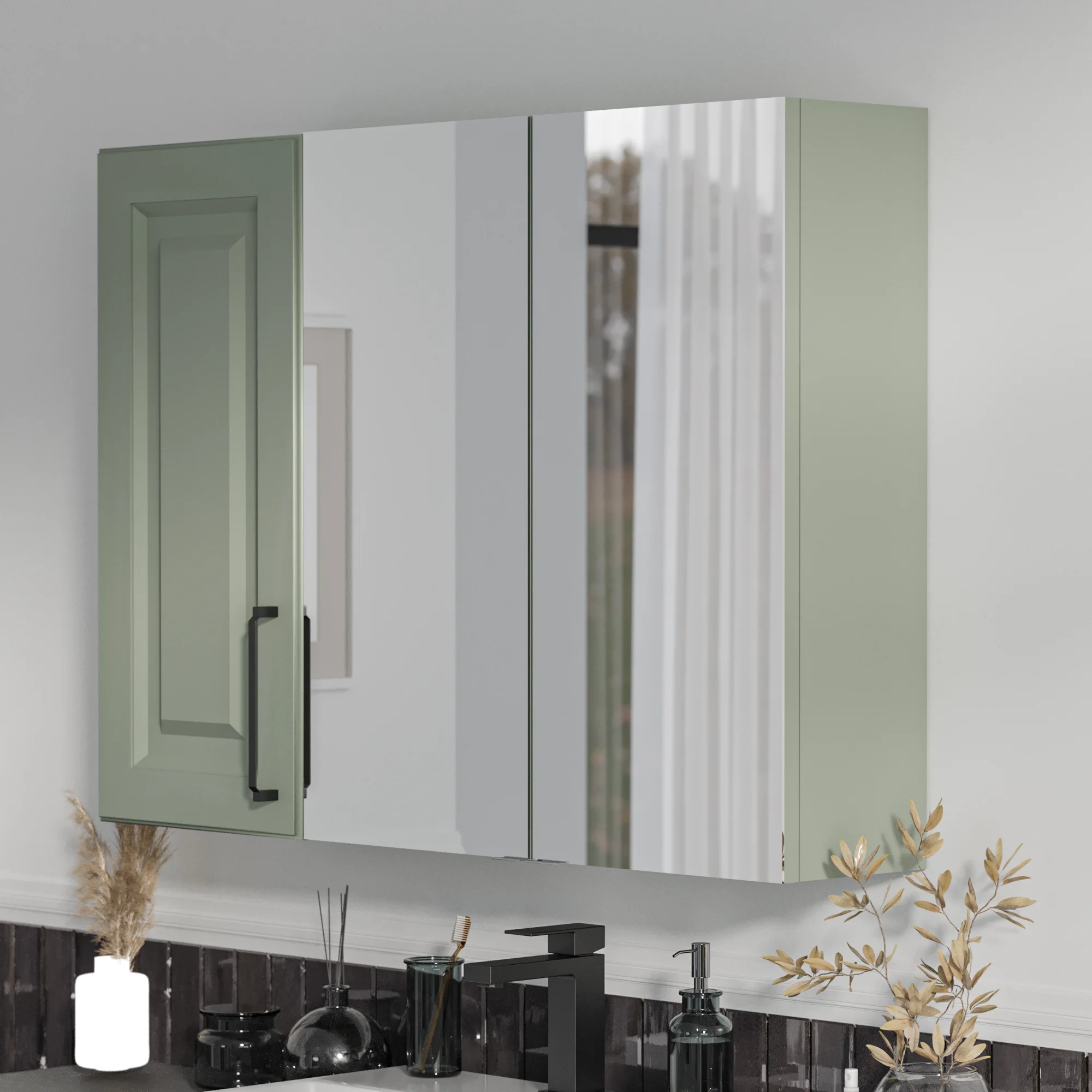 Product image for Oliver Sage Green 1200mm Mirror Cabinet With Single Wall Storage