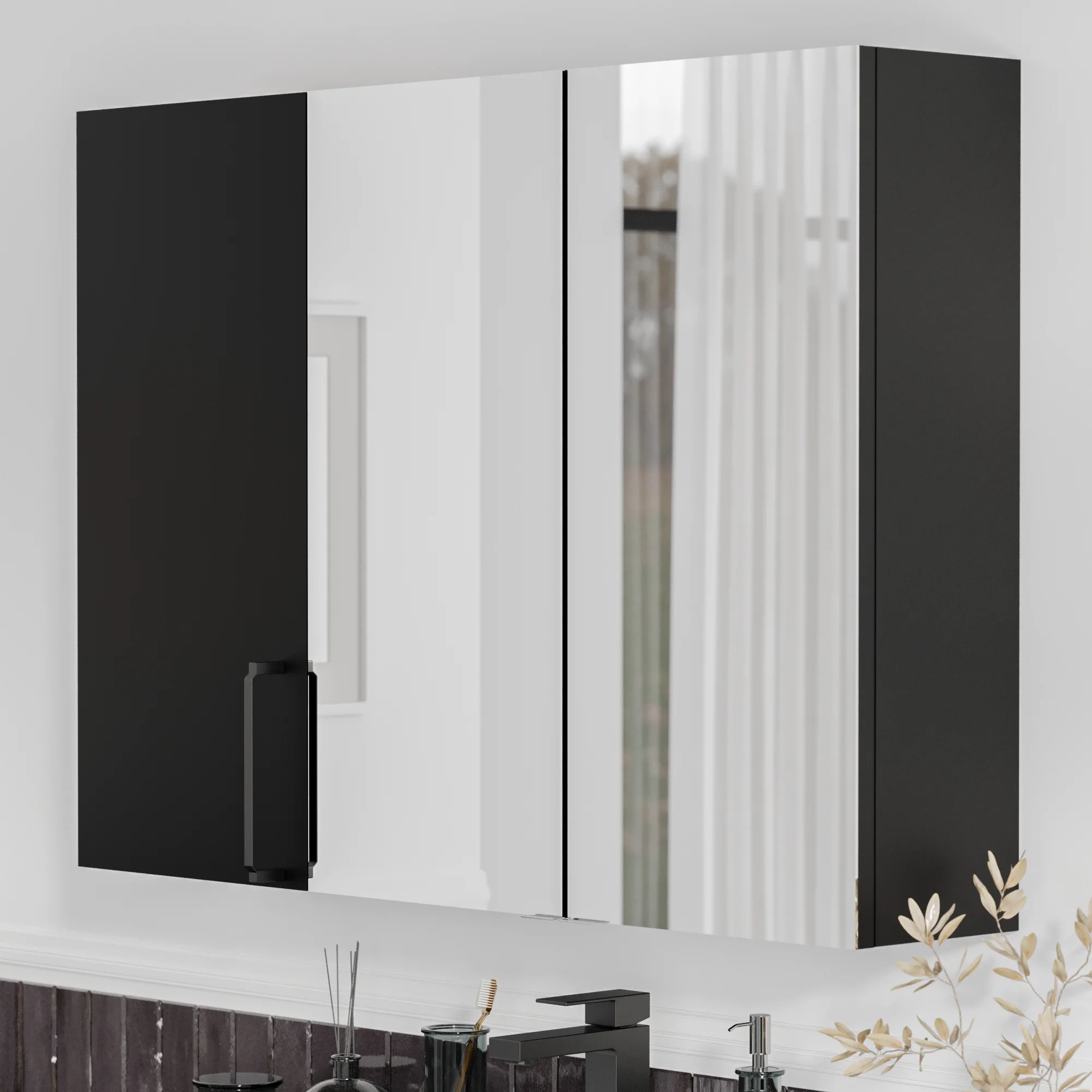 Product image for Oliver Matt Black 1200mm Mirror Cabinet With Single Wall Storage
