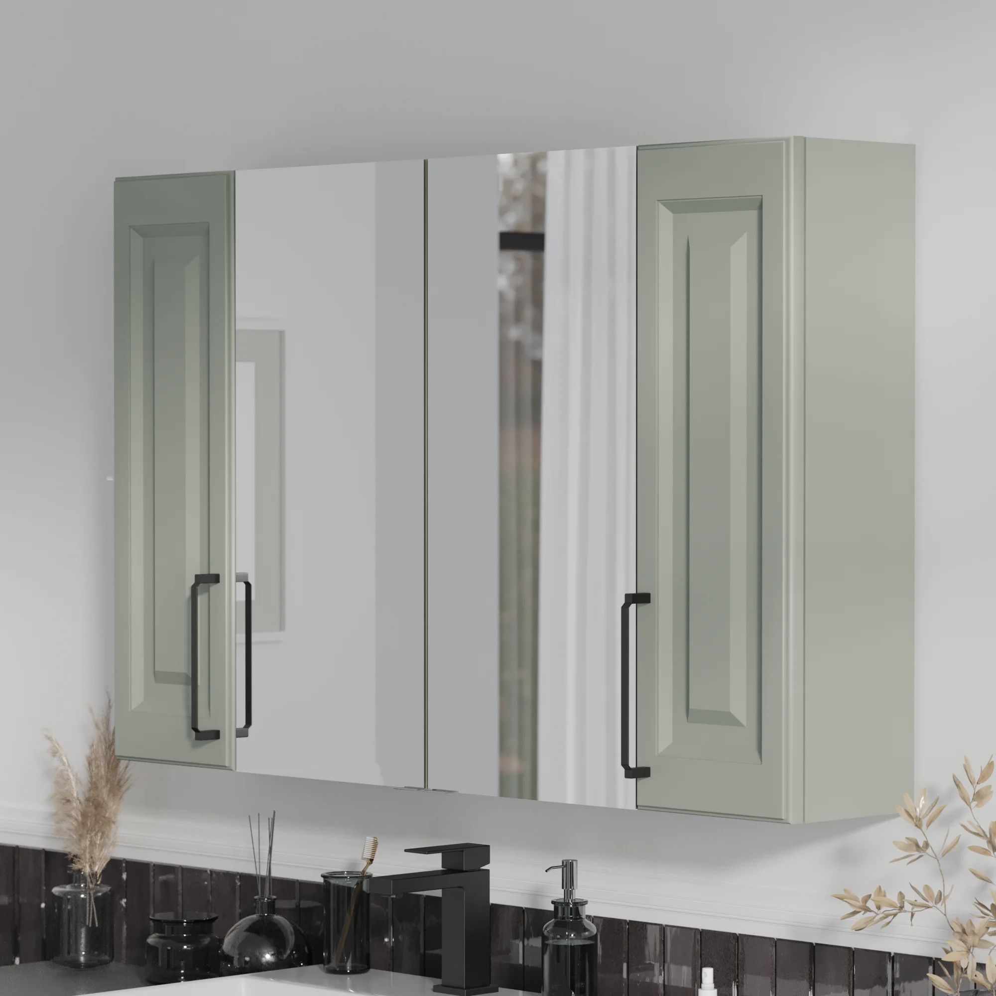 Product image for Oliver Sage Green 1200mm Mirror Cabinet With Double 200mm Wall Storage