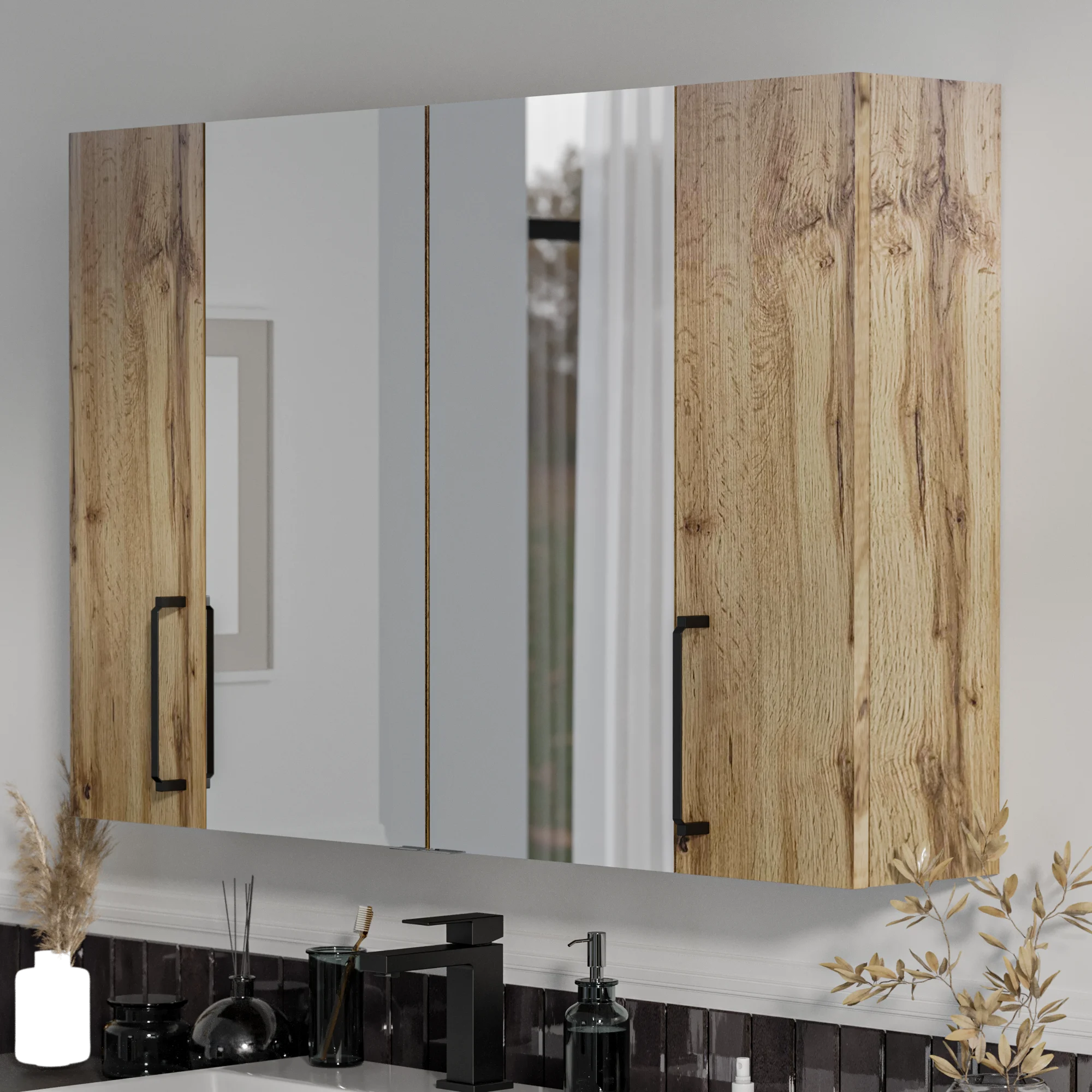 Product image for Oliver Oak 1200mm Mirror Cabinet With Double 200mm Wall Storage