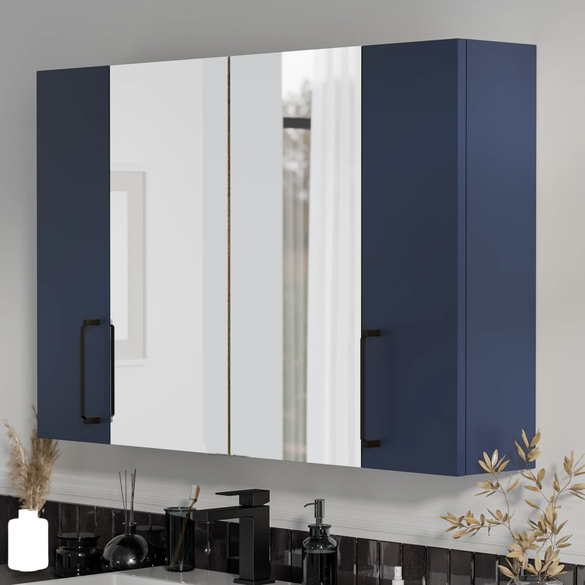 Product image for Oliver Navy Blue 1200mm Mirror Cabinet With Double 200mm Wall Storage