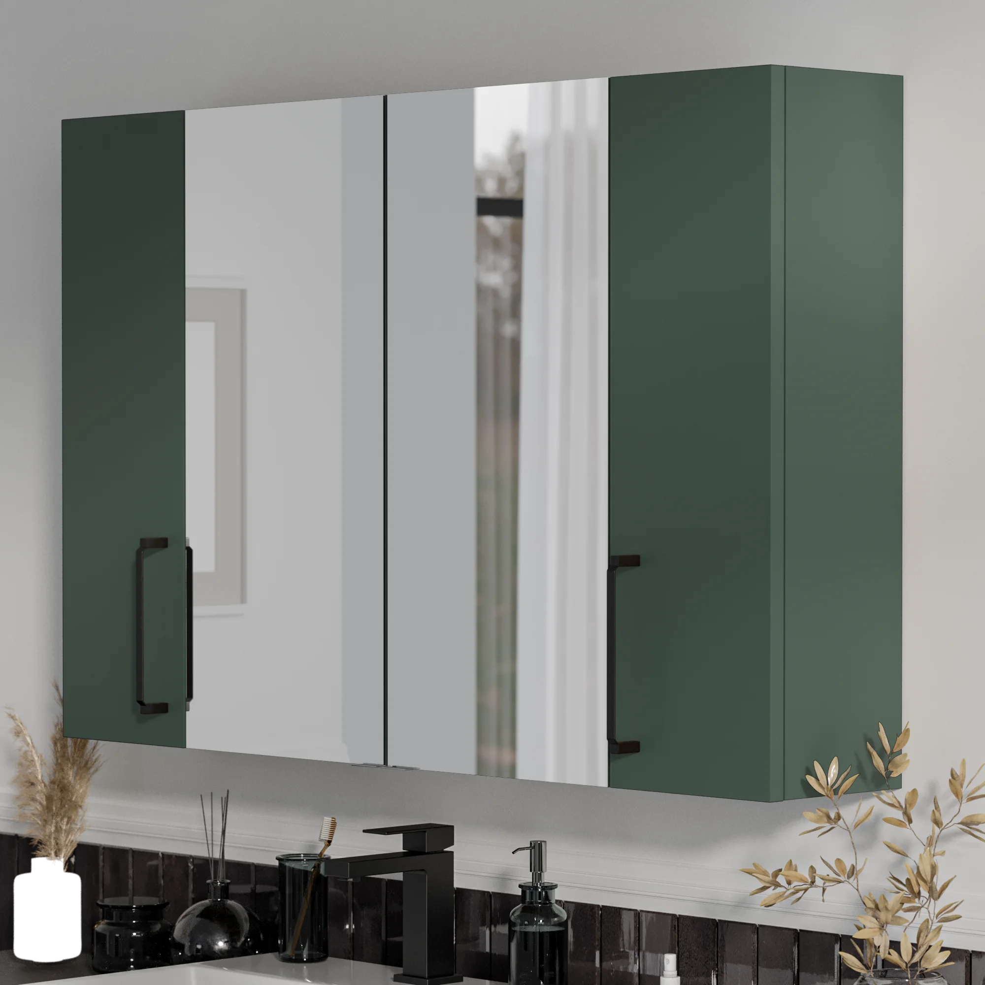 Product image for Oliver Matt Green 1200mm Mirror Cabinet With Double 200mm Wall Storage