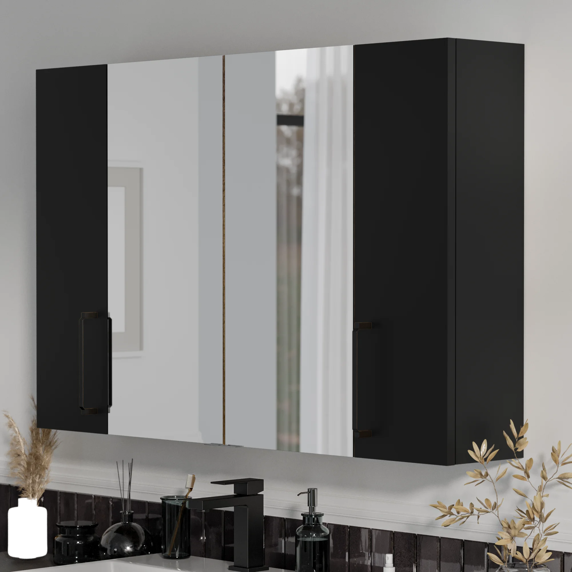 Product image for Oliver Matt Black 1200mm Mirror Cabinet With Double 200mm Wall Storage