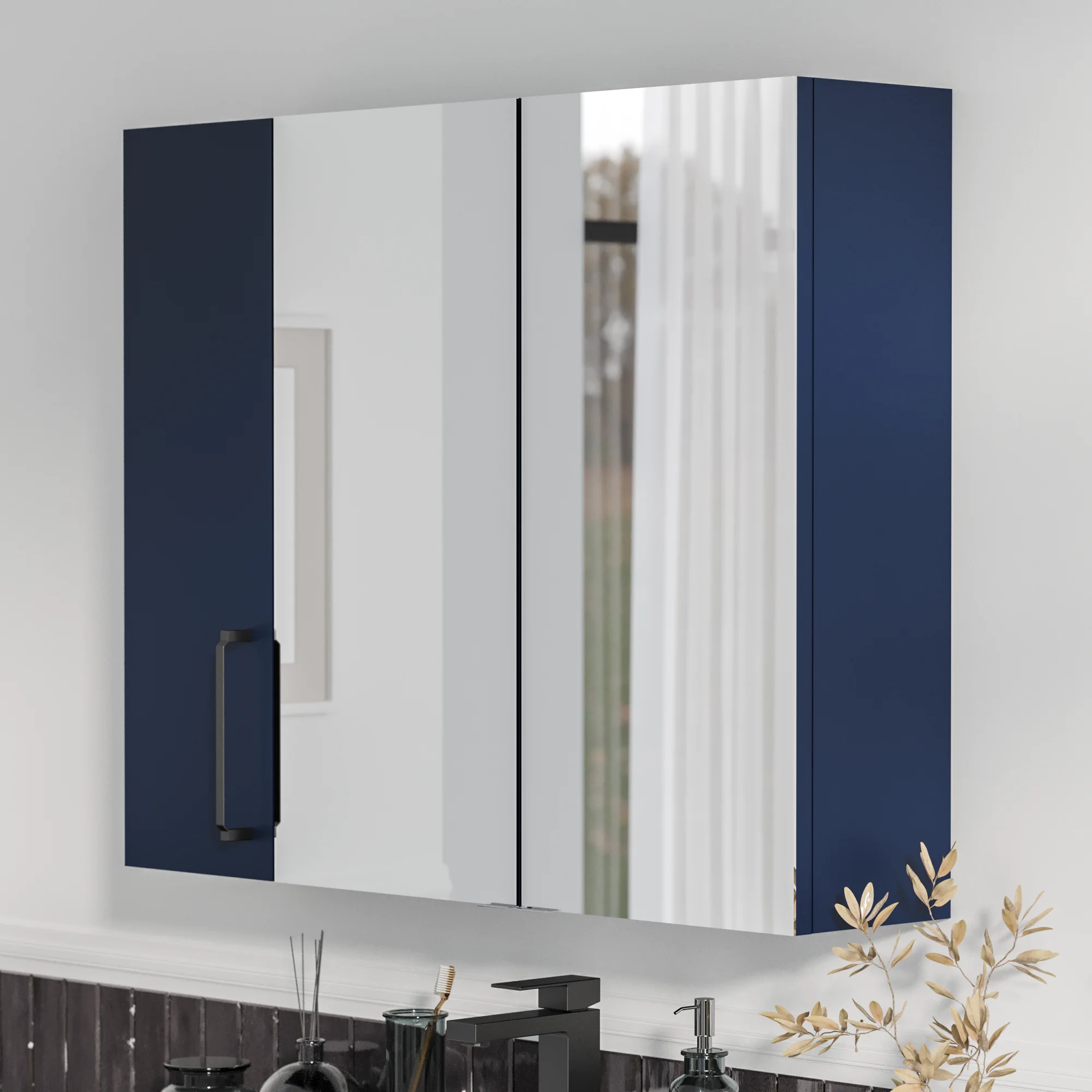 Product image for Oliver Navy Blue 1200mm Mirror Cabinet With Single 200mm Wall Storage