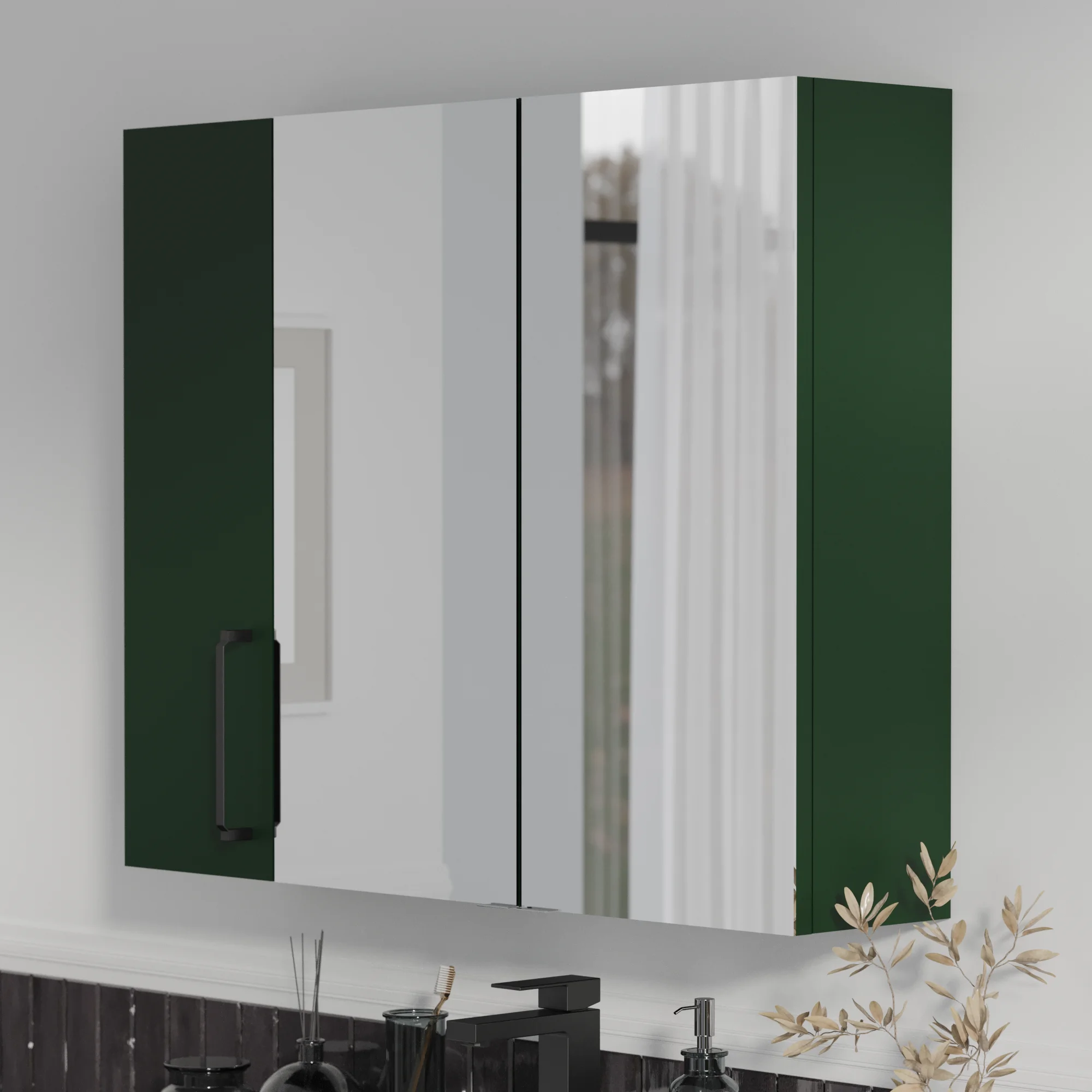 Product image for Oliver Matt Green 1200mm Mirror Cabinet With Single 200mm Wall Storage