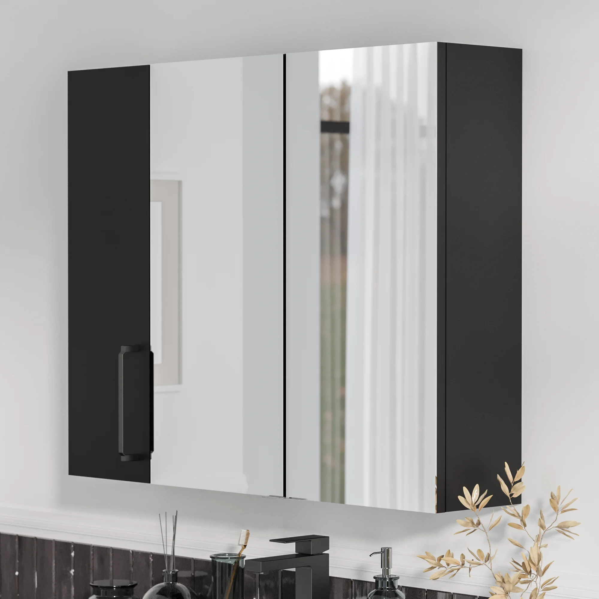 Product image for Oliver Matt Black 1200mm Mirror Cabinet With Single 200mm Wall Storage
