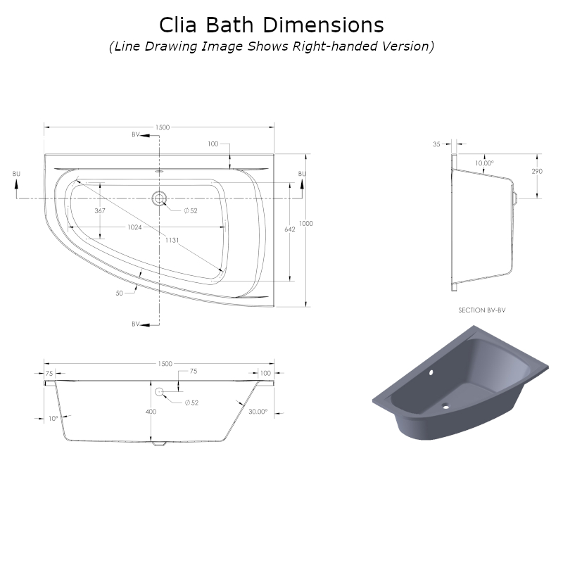 Line Drawing for Clia Cleo Corner Bath 1500 x 1000 Technical Drawing Showing Dimensions for the Clia Cleo Corner Bath 1500 x 1000