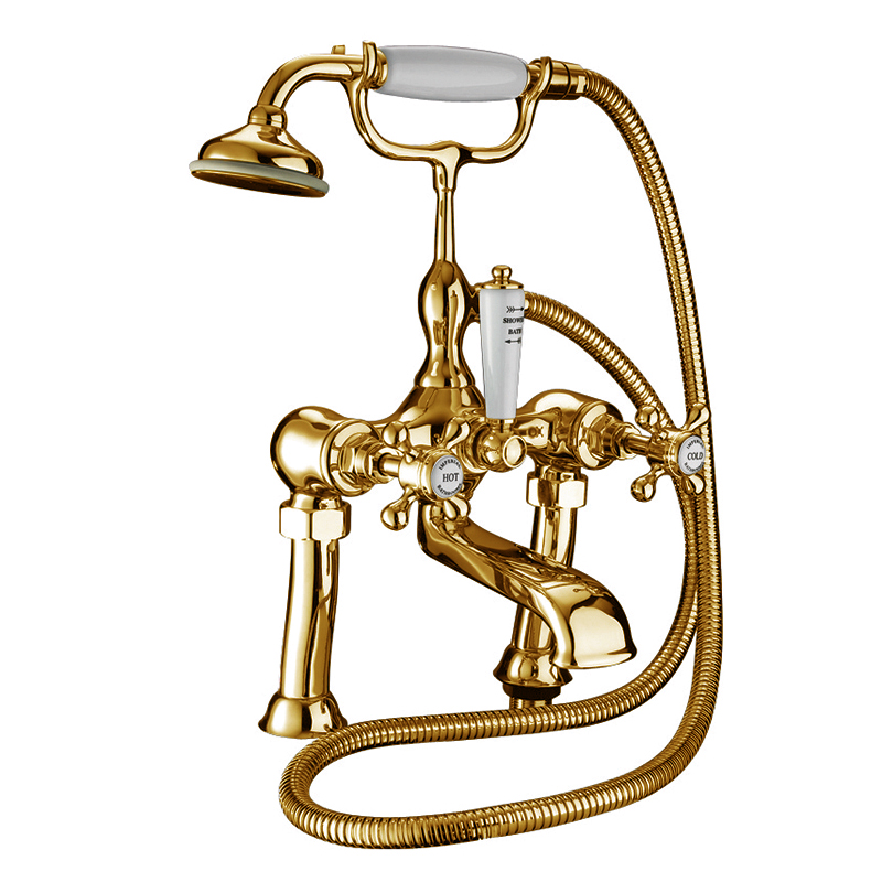 Victorian 3/4 Bath Shower Mixer Deck Mounted, Complete with Shower Kit Antique Gold