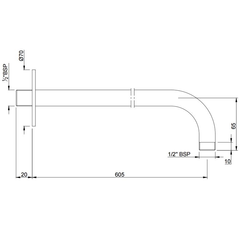 Round Shower Arm, ?20mm & 600mm Long