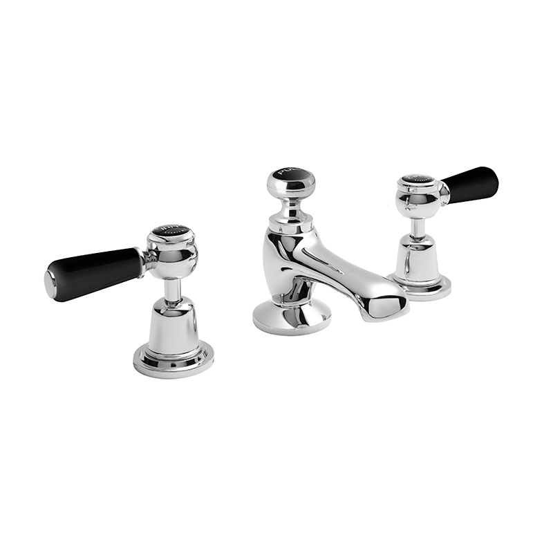 BLACK 3 TAP HOLE DECK BASIN MIXER WITH LEVER & DOME COLLAR