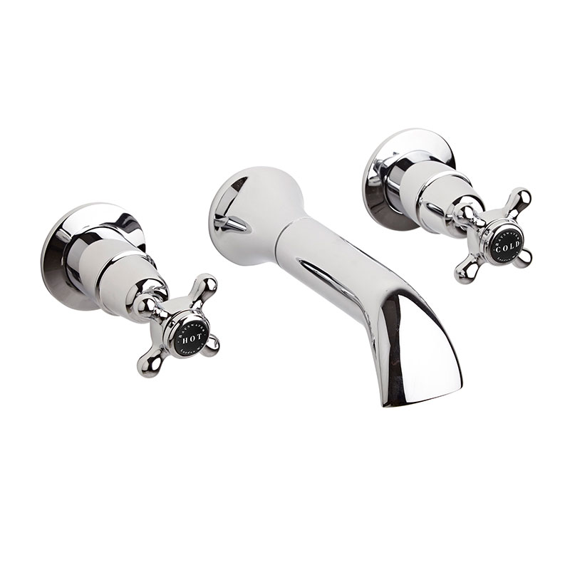 BLACK 3 TAP HOLE WALL BATH FILLER WITH CROSSHEAD & DOME COLLAR