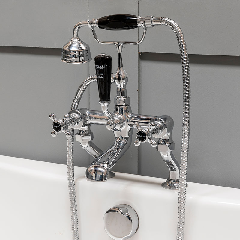 BLACK DECK MOUNTED BATH SHOWER MIXER WITH CROSSHEAD & HEX COLLAR