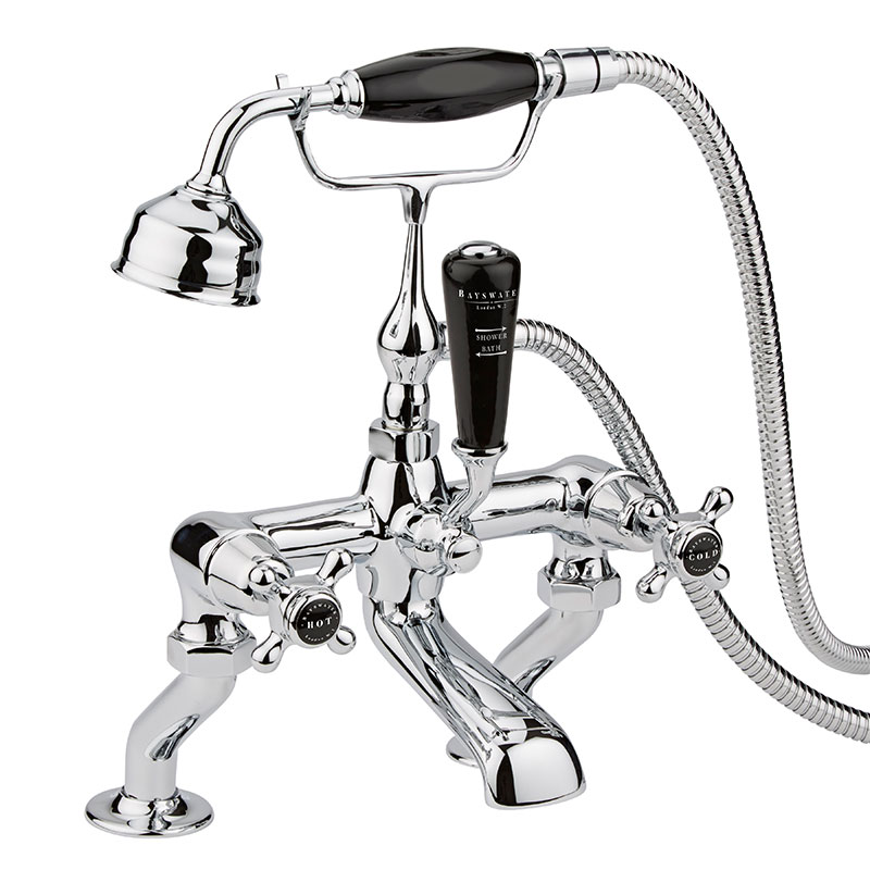 BLACK DECK MOUNTED BATH SHOWER MIXER WITH CROSSHEAD & DOME COLLAR