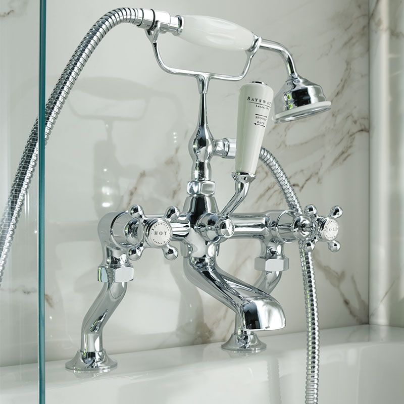 WHITE DECK MOUNTED BATH SHOWER MIXER WITH CROSSHEAD & HEX COLLAR
